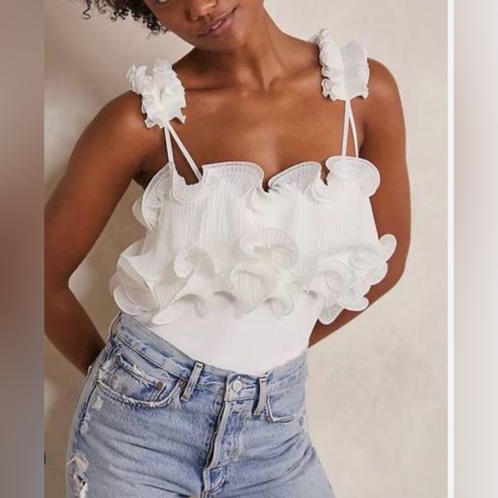 White free people ruffle body suit